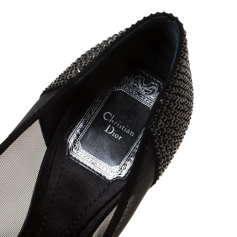 Women's Dior Black Crystal Embellished Satin and Mesh Peep Toe Pumps Size 36.5