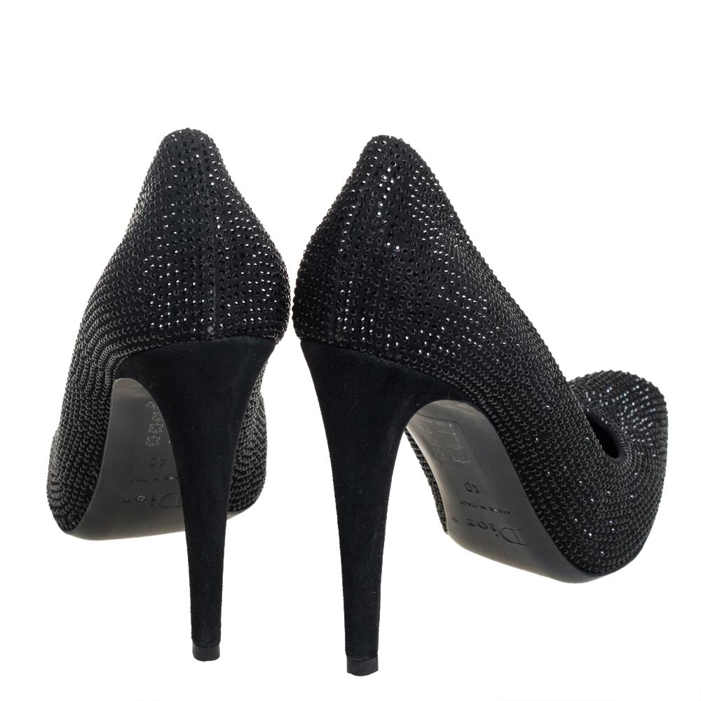 Dior Black Crystal Embellished Suede Square Toe Pumps Size 40 In Good Condition For Sale In Dubai, Al Qouz 2