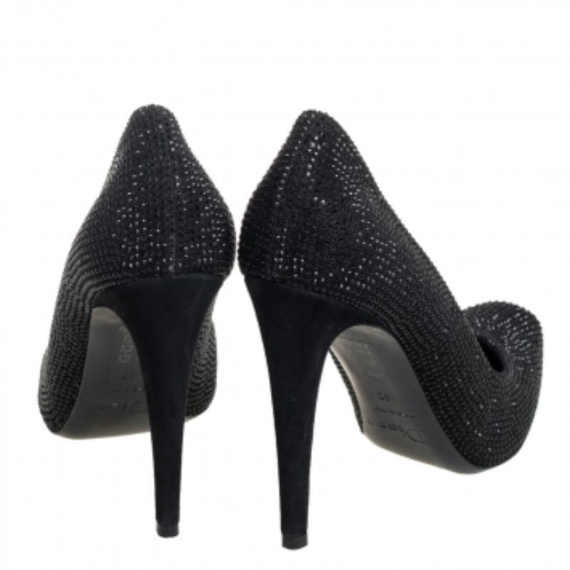 Dior Black Crystal Embellished Suede Square Toe Pumps Size 40 For Sale 2