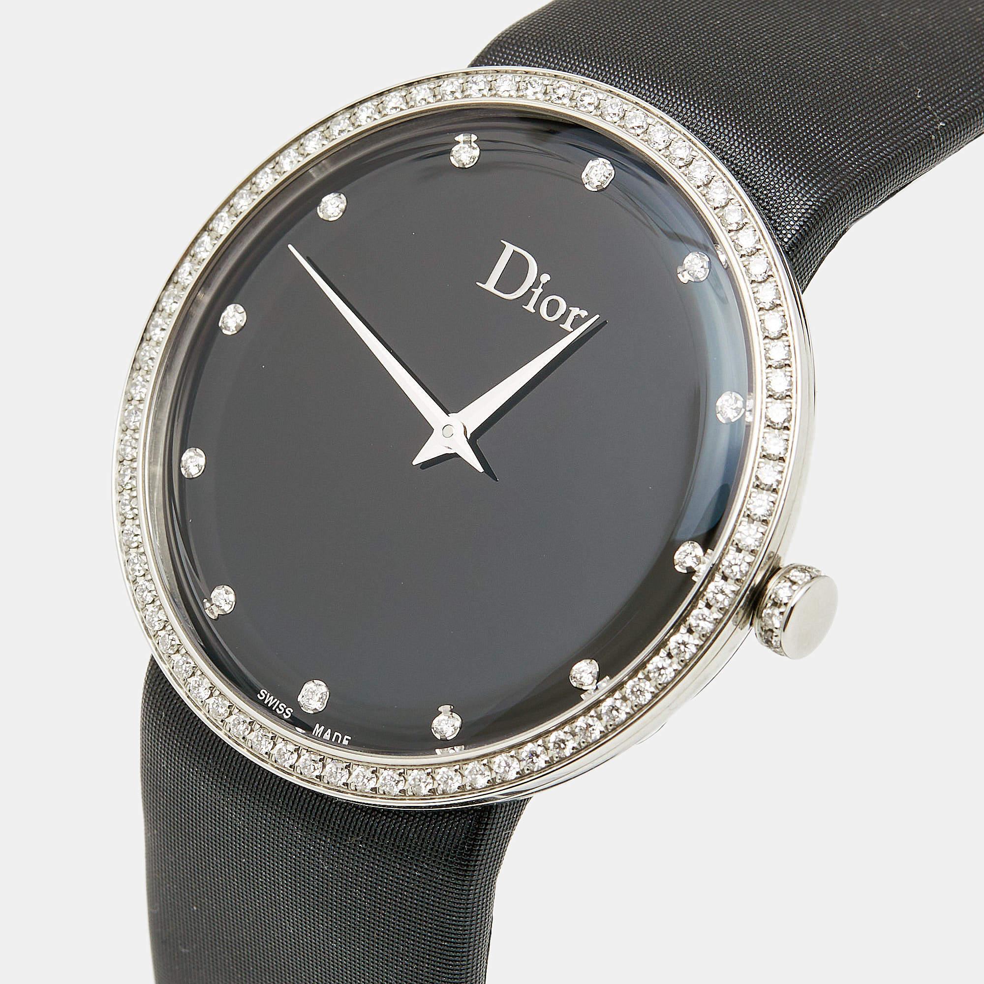 Antique Cushion Cut Dior Black Diamond Stainless Steel Satin La D De Dior Women's Wristwatch 38 mm