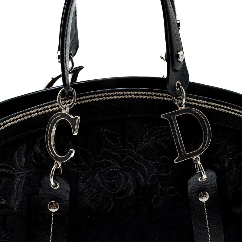 Dior Black Diorissimo Canvas and Leather Embroidered Flowers Frame Satchel 7