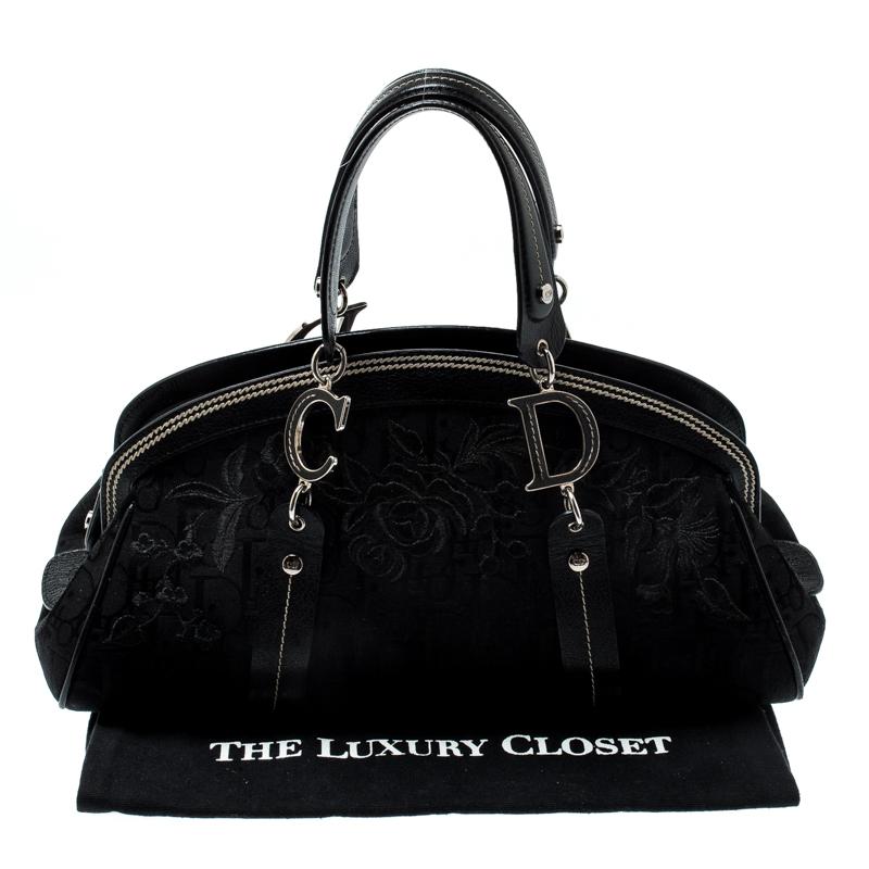 Dior Noir Diorissimo Canvas and Leather Embroidered Flowers Frame Satchel 8