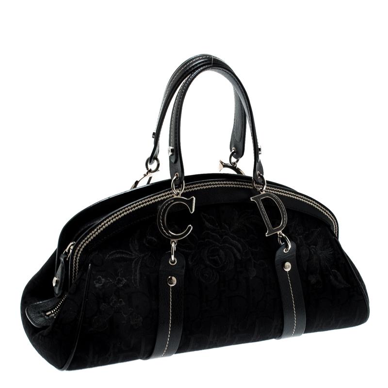  Dior Noir Diorissimo Canvas and Leather Embroidered Flowers Frame Satchel Pour femmes 