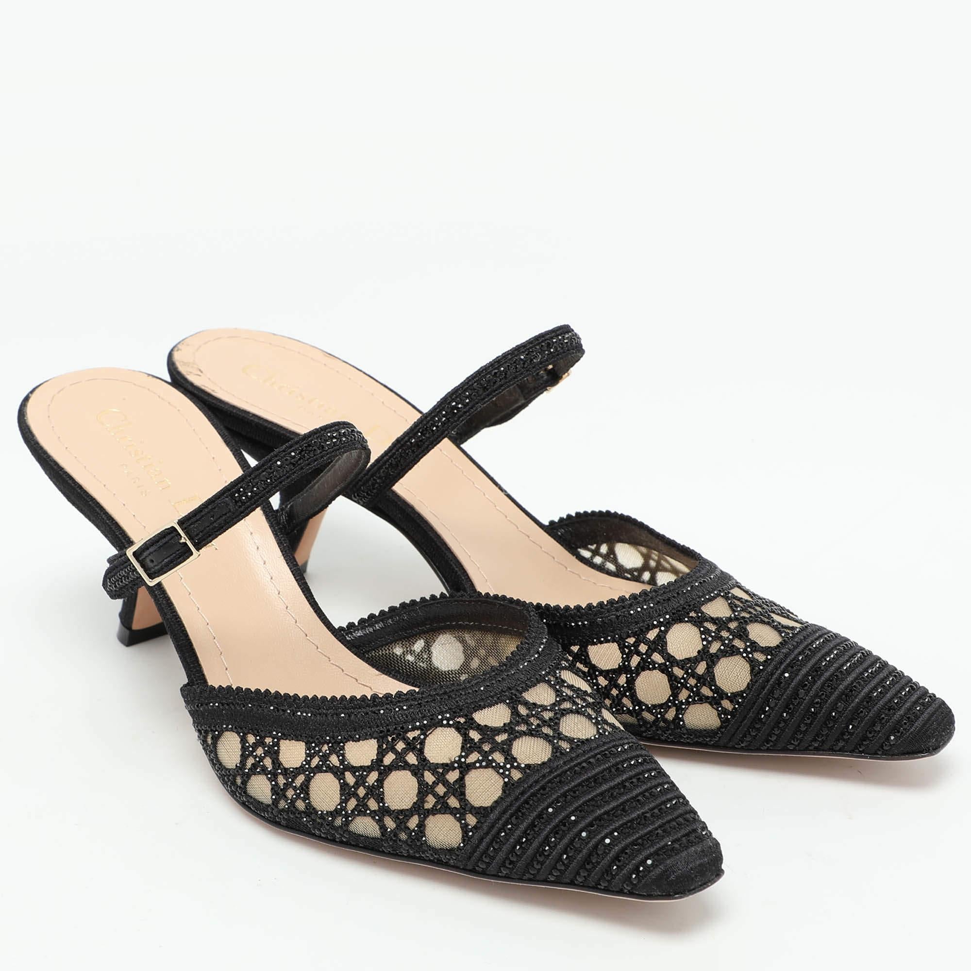 Women's Dior Black Embellished Mesh Dior Capture Ankle Strap Mules Size 36.5