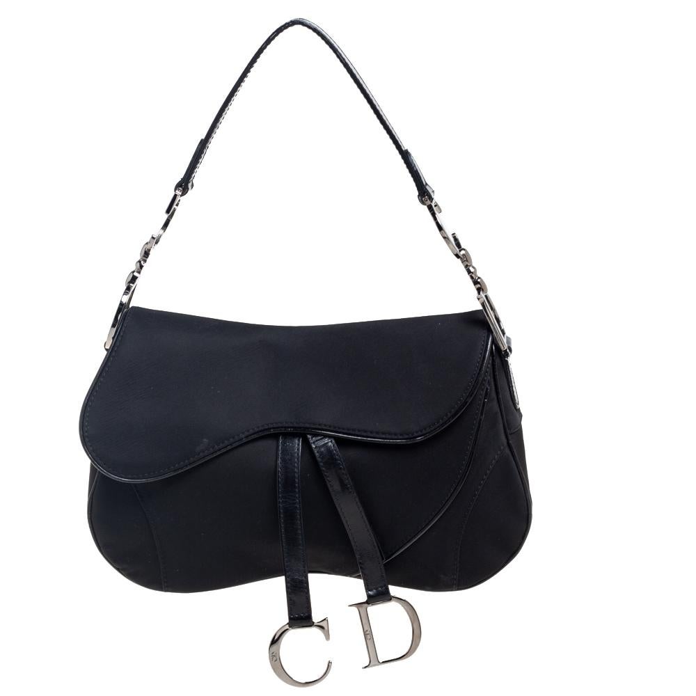 Dior Black Fabric and Patent Leather Trim Double Saddle Bag 4