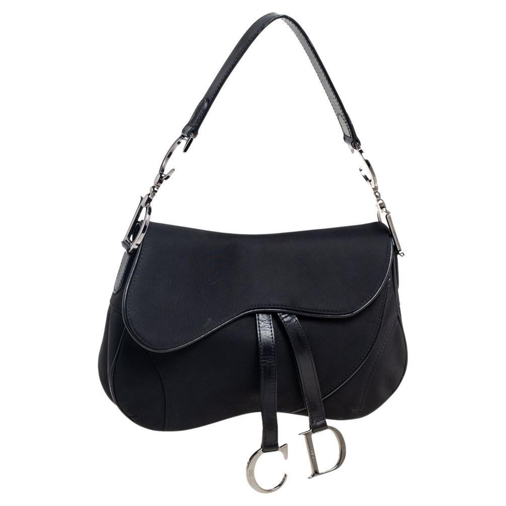 Dior Black Fabric and Patent Leather Trim Double Saddle Bag