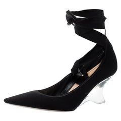 Dior Black Fabric Etoile Lace Up Pointed Toe Pumps Size 39.5