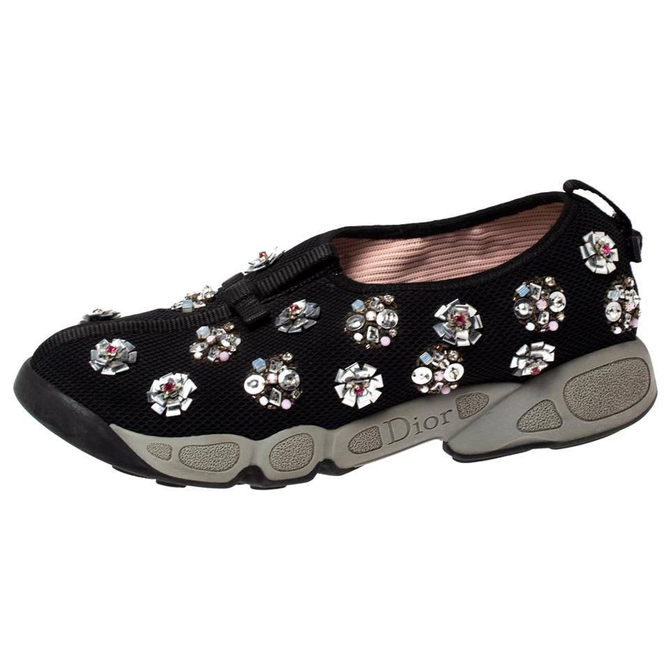 Dior Black Floral Embellished Mesh Fusion Slip On Sneakers Size 38