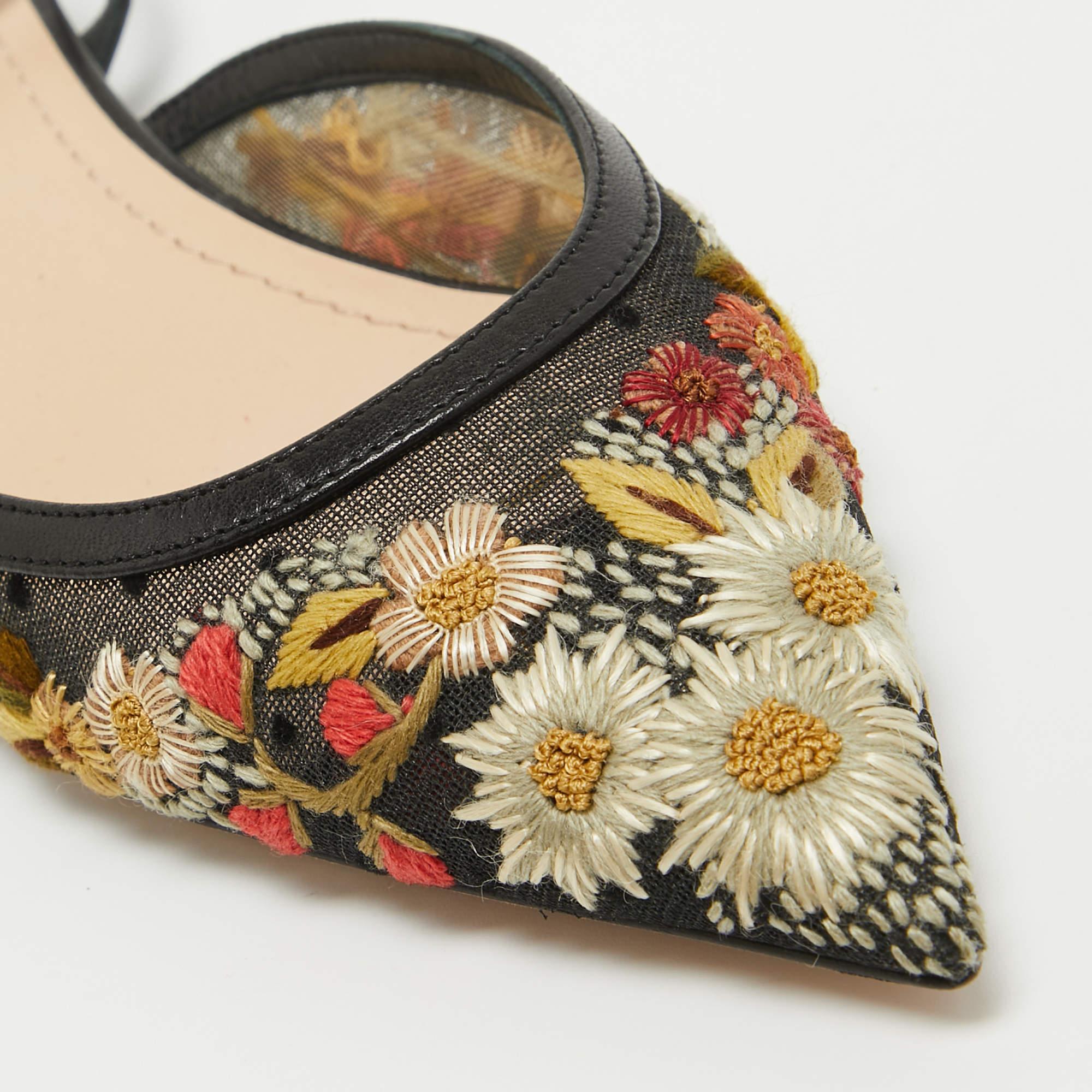 Women's Dior Black Floral Embroidered Mesh and Leather Ankle Strap Flats Size 34.5 For Sale