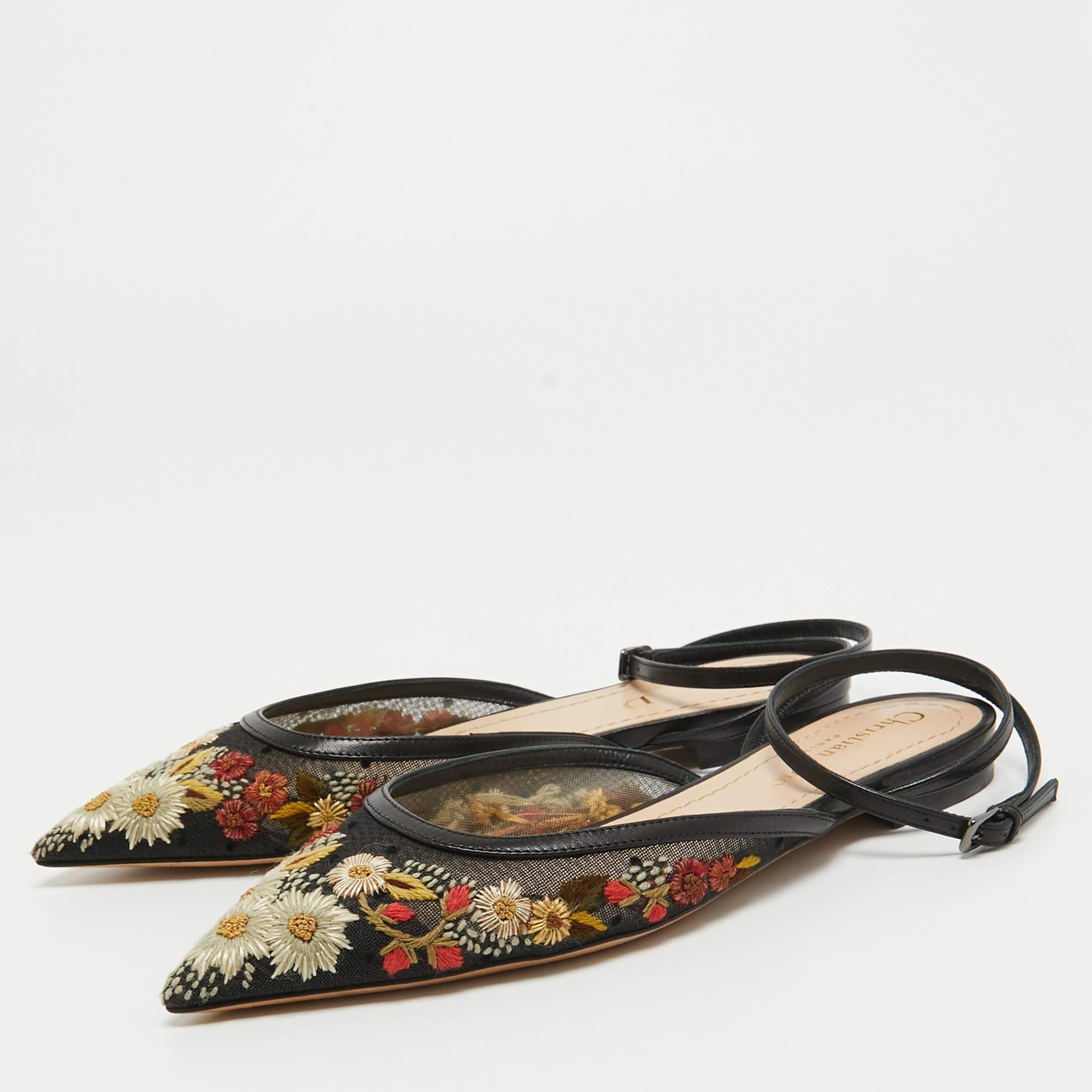 Dior Black Floral Embroidered Mesh and Leather Ankle Strap Flats Size 34.5 For Sale 2