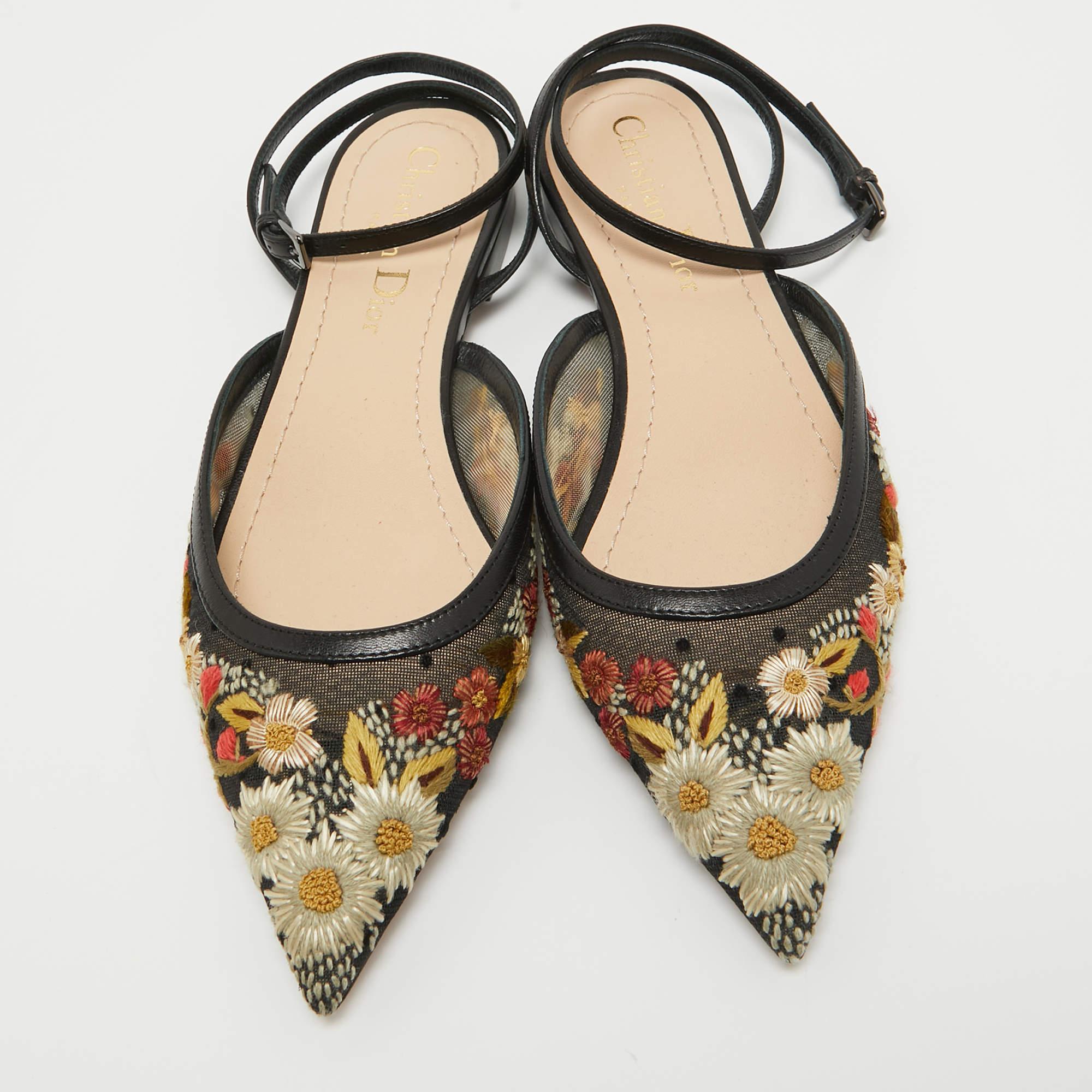 Dior Black Floral Embroidered Mesh and Leather Ankle Strap Flats Size 34.5 For Sale 3