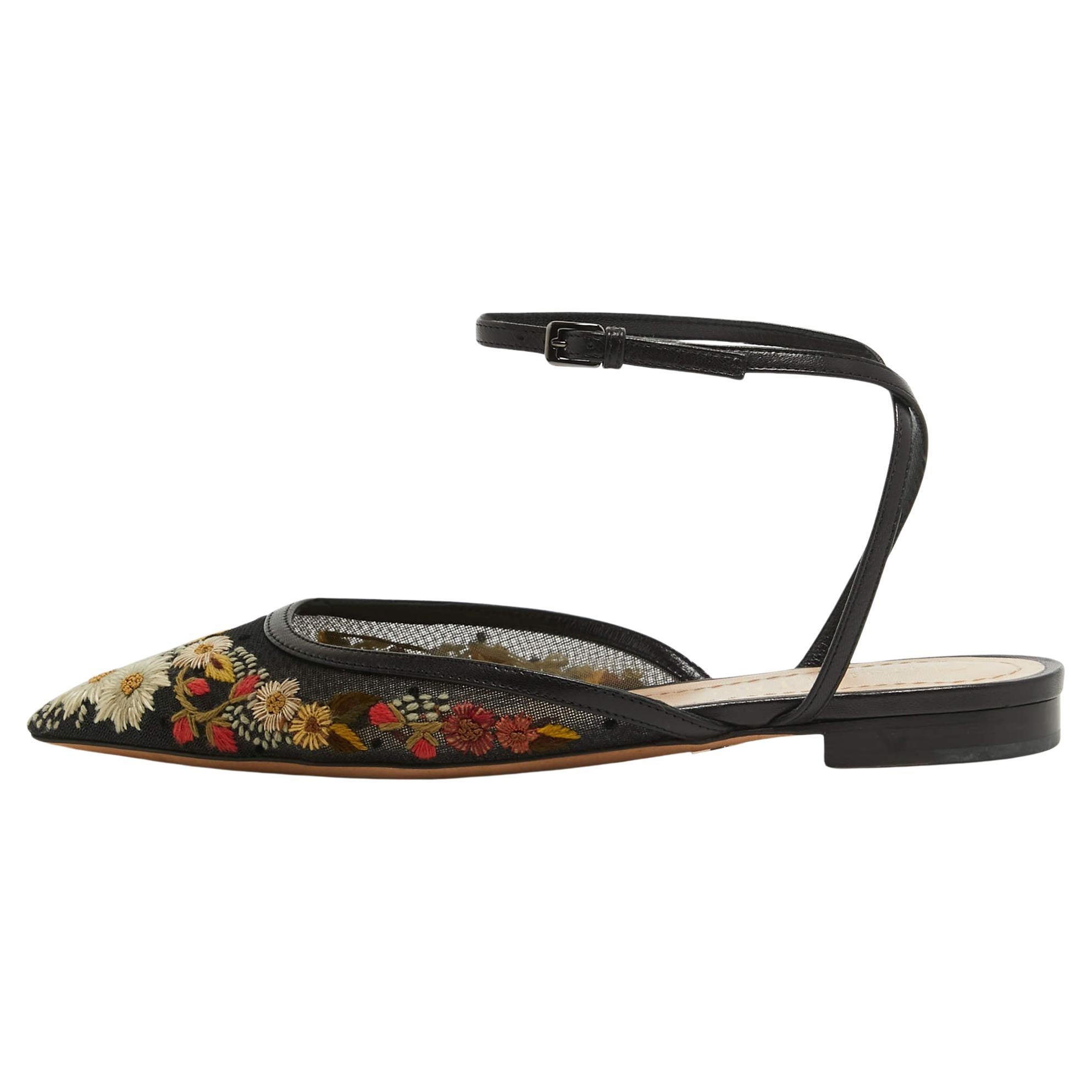 Dior Black Floral Embroidered Mesh and Leather Ankle Strap Flats Size 34.5 For Sale