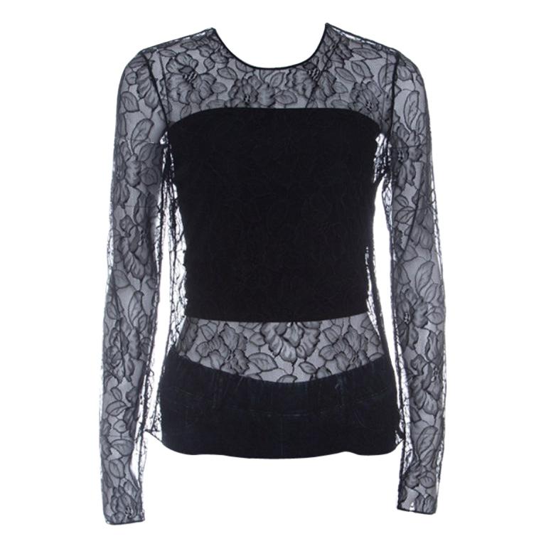 Dior Black Floral Lace Long Sleeve Top M