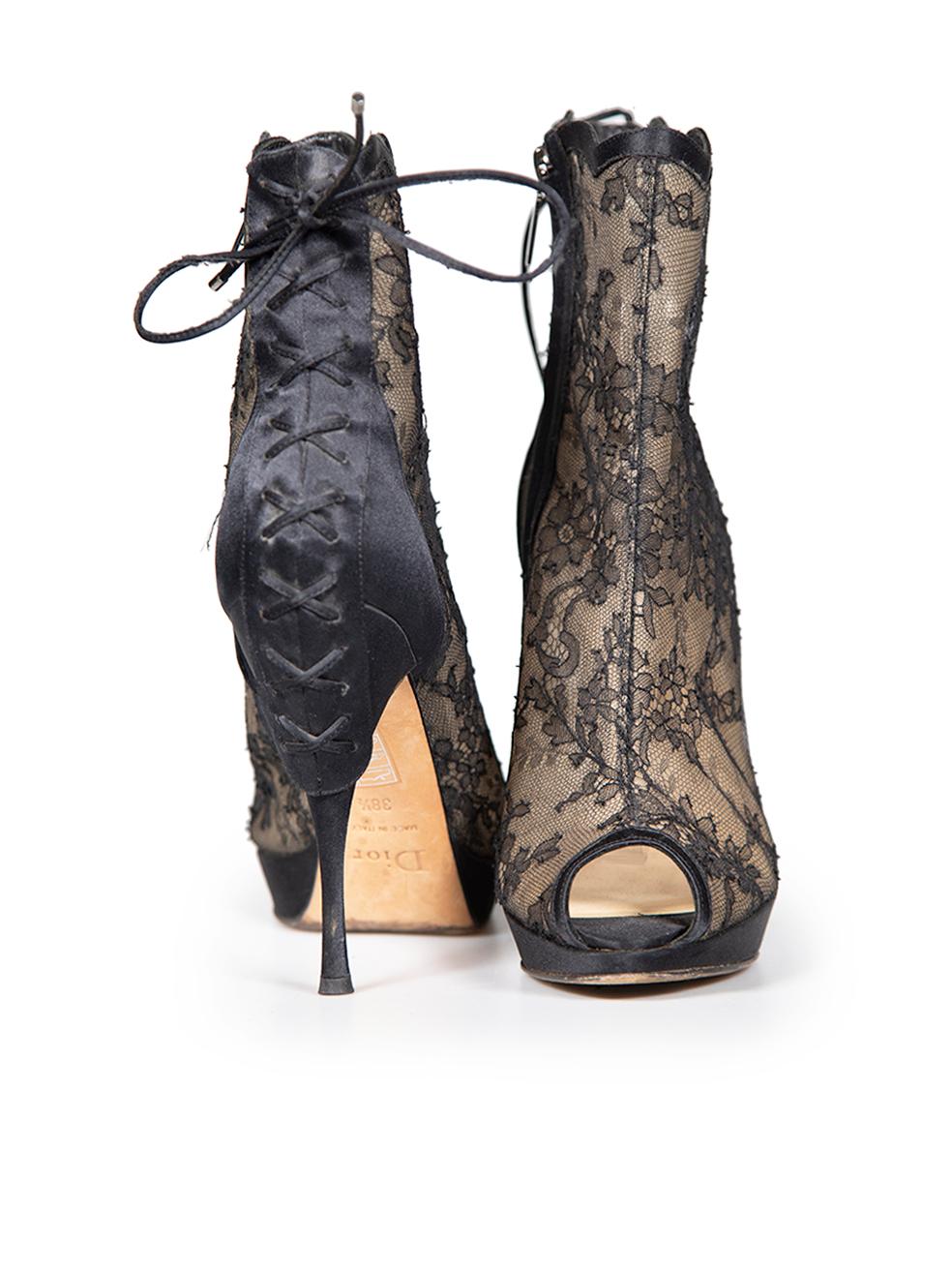 Dior Black Floral Lace Peep Toe Ankle Heels Size IT 38.5 In Good Condition For Sale In London, GB