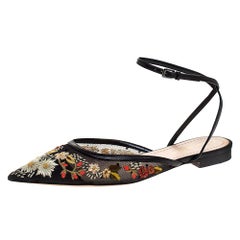 Dior Black Floral Mesh And Leather Trim Pointed Toe Ankle Wrap Flats Size 37.5