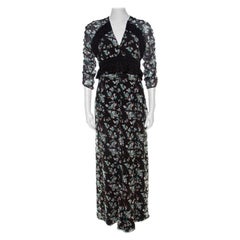 Dior Black Floral Print Silk Ruffle Detail Dress S