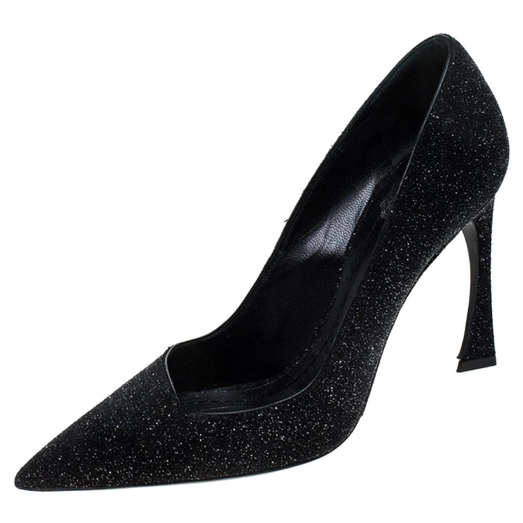 Dior Black Glitter Pointed Toe Curved Heels Pumps Size 39