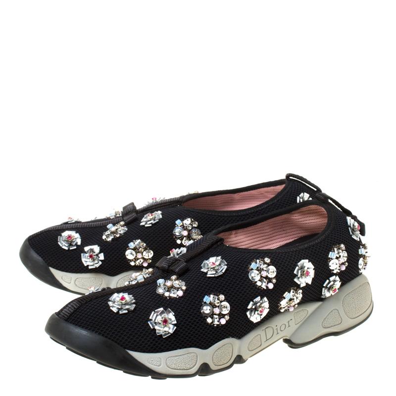 Women's Dior Black/Grey Embellished Fabric Fusion Sneakers Size 37.5