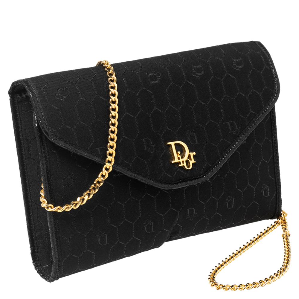 Women's Dior Black Honeycomb Fabric and Leather Vintage Flap Shoulder Bag