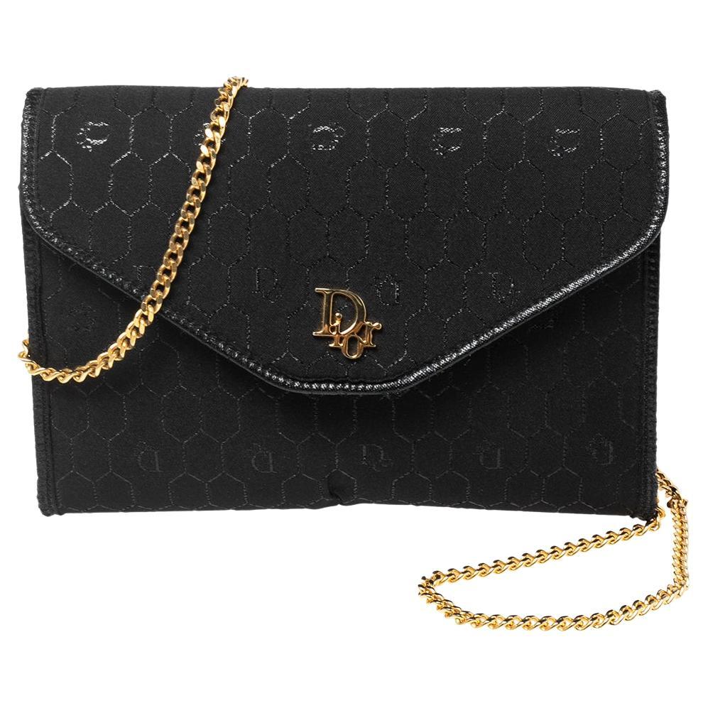 Dior Black Honeycomb Fabric and Leather Vintage Flap Shoulder Bag