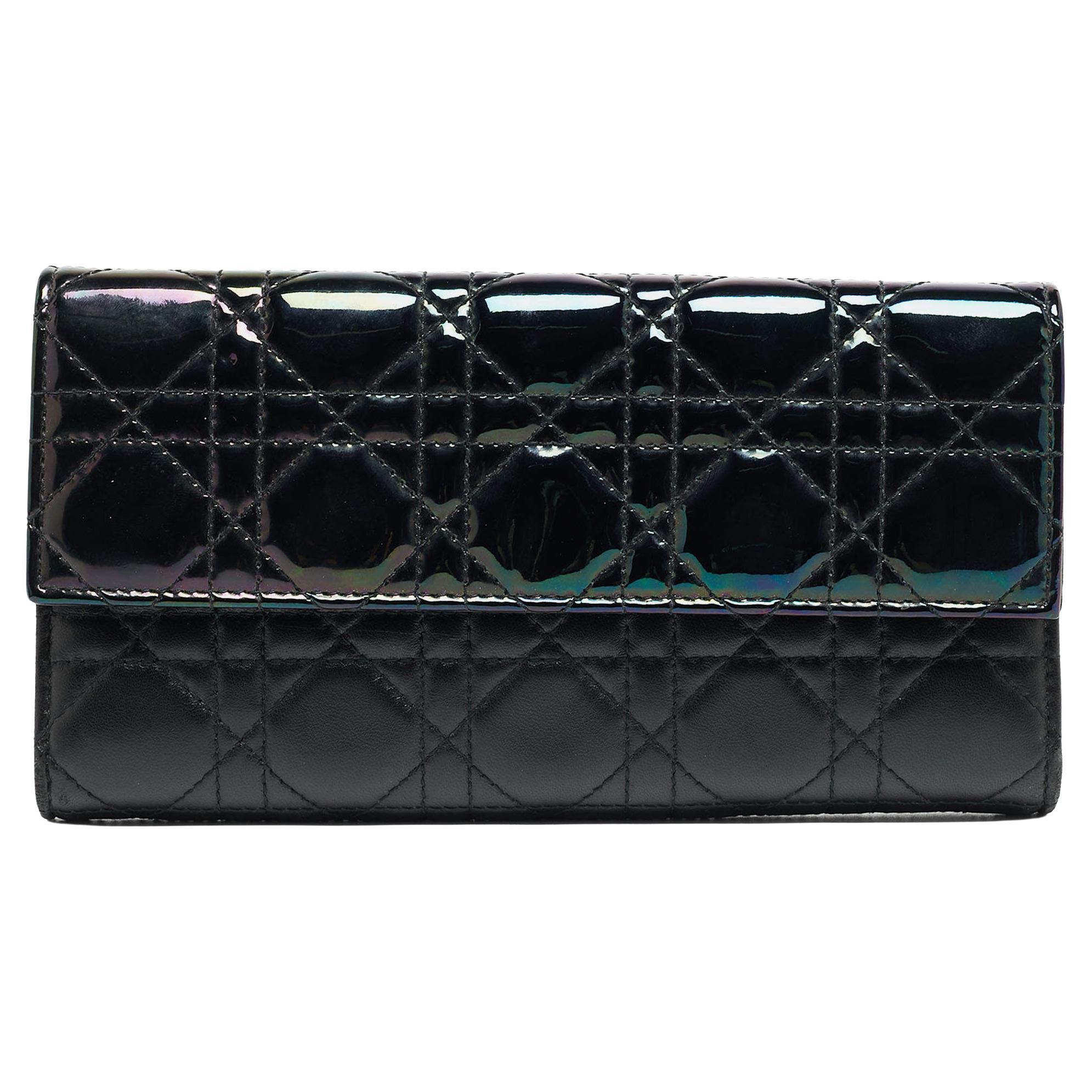 Dior Black Iridescent Cannage Patent and Leather Lady Dior Flap Wallet