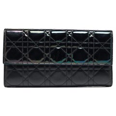 Used Dior Black Iridescent Cannage Patent and Leather Lady Dior Flap Wallet