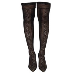 Dior Black Lace And Croc Embossed Leather Over The Knee Boots Size 38