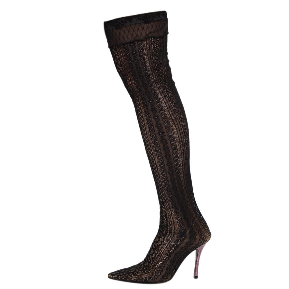 Dior Black Lace And Croc Embossed Leather Over The Knee Boots Size 38 1