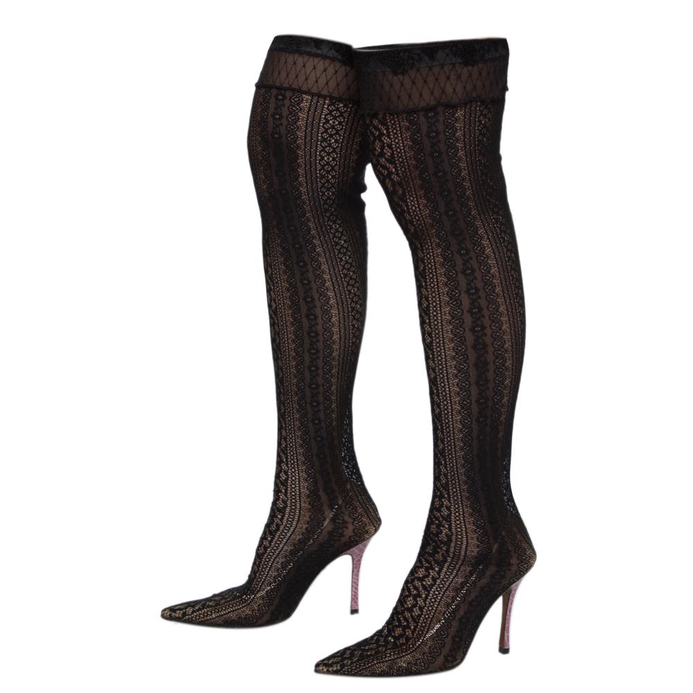 Dior Black Lace And Croc Embossed Leather Over The Knee Boots Size 38 4