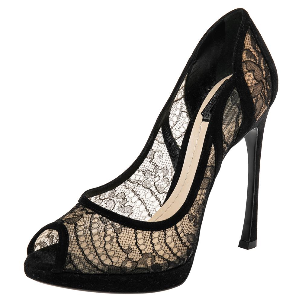 Dior Black Lace And Suede Scallop Peep Toe Pumps Size 38.5 In Excellent Condition In Dubai, Al Qouz 2