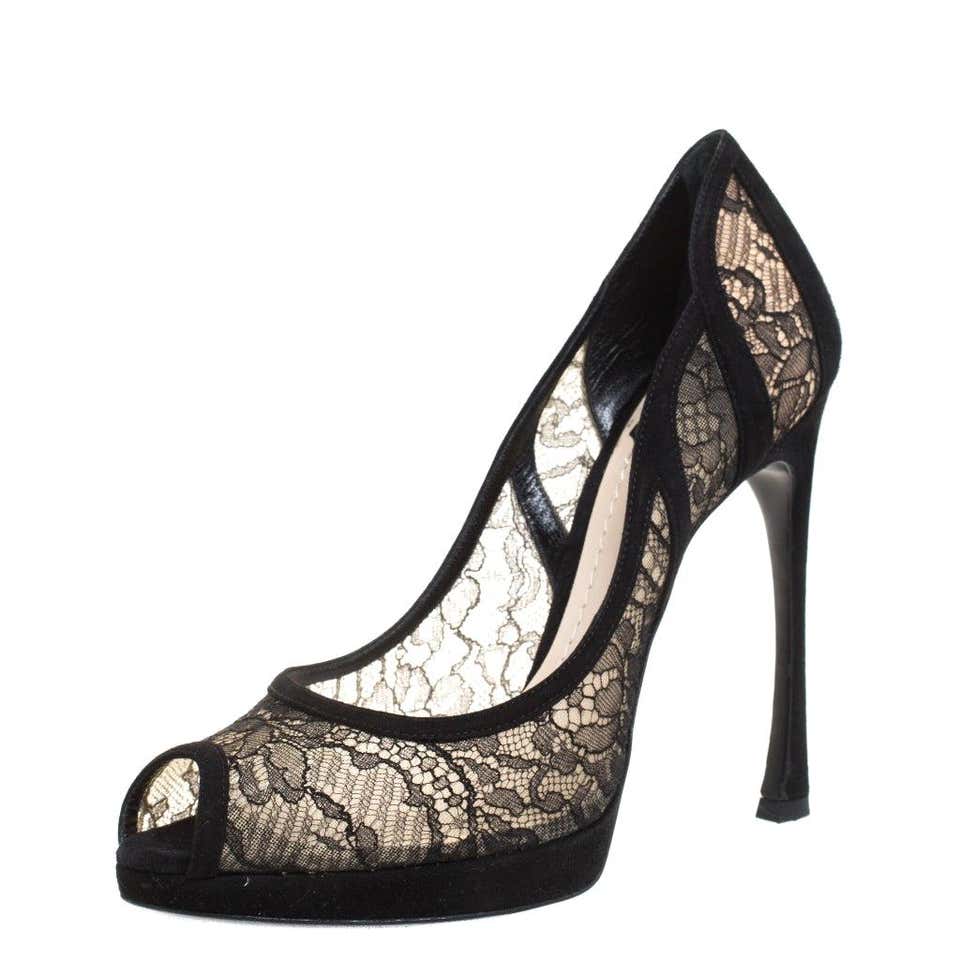 Dior Black Lace And Suede Scallop Peep Toe Pumps Size 39 For Sale at ...