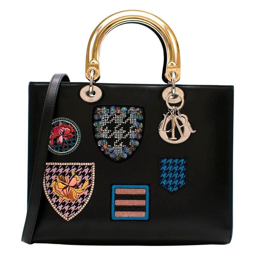 Dior Black Lady Dior Patch Embellished Tote Bag For Sale