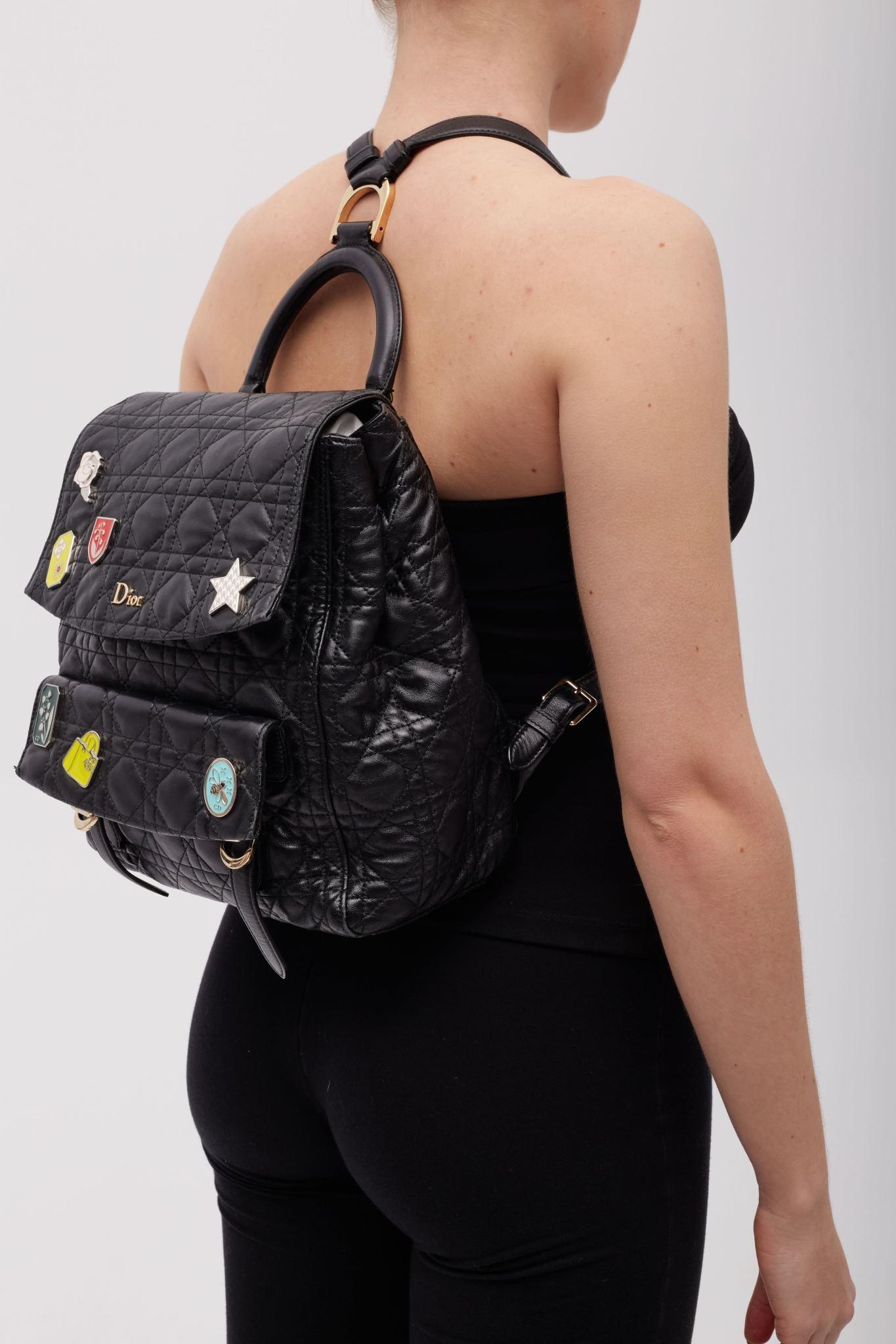 Dior Black Lambskin Cannage Lucky Badge Stardust Backpack Small In Good Condition For Sale In Montreal, Quebec