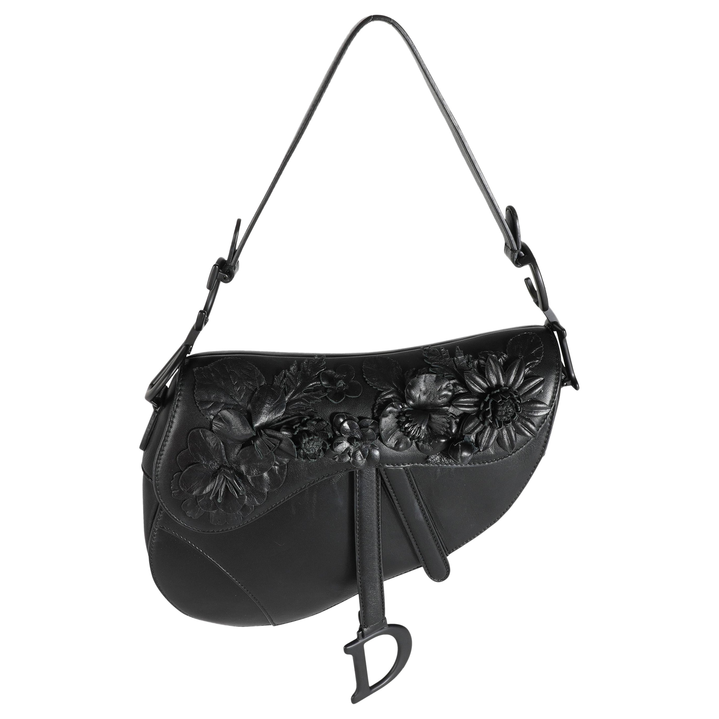 Dior Black Lambskin Embroidered Flowers On Bag Saddle Bag