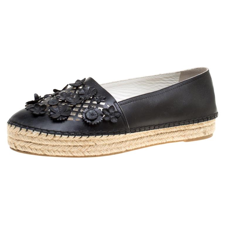 Dior Black Laser Cut Floral Embellished Leather Flore Espadrilles Size 39