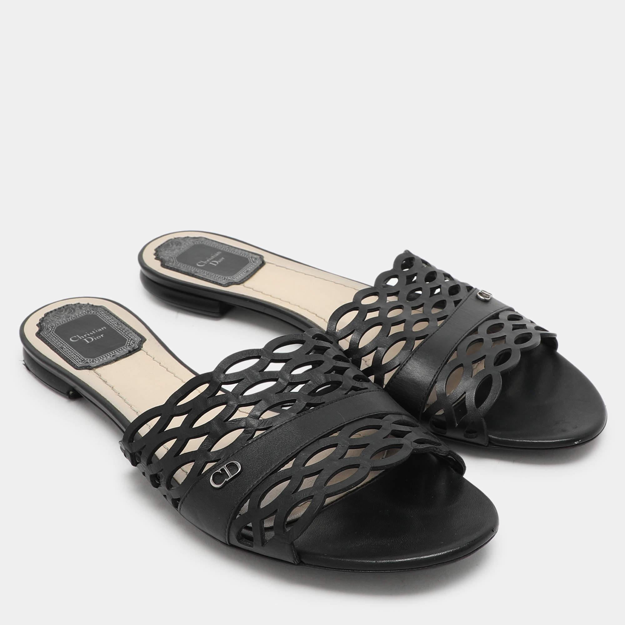 Women's Dior Black Laser Cut Leather Flat Slides Size 39