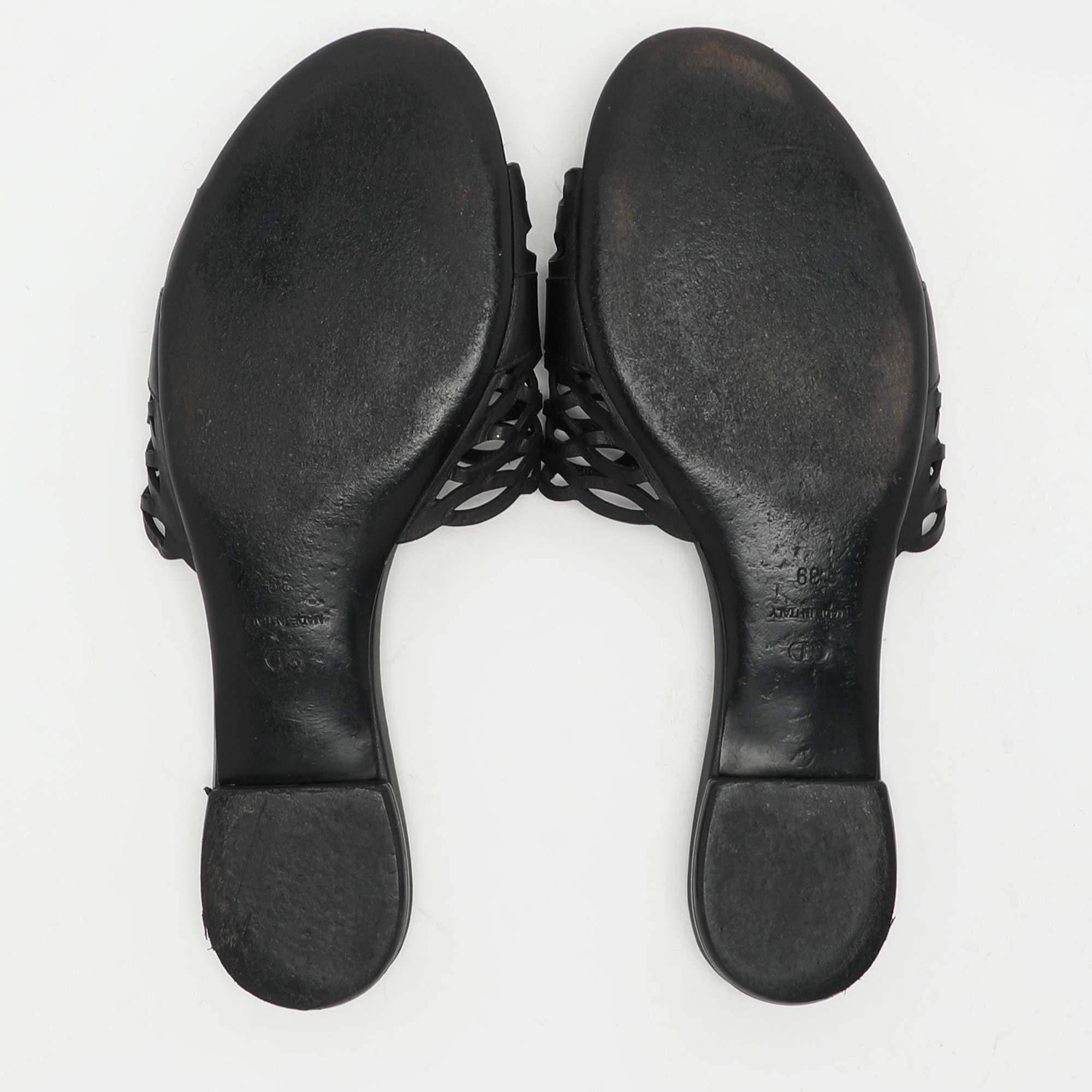 Dior Black Laser Cut Leather Flat Slides Size 39 2
