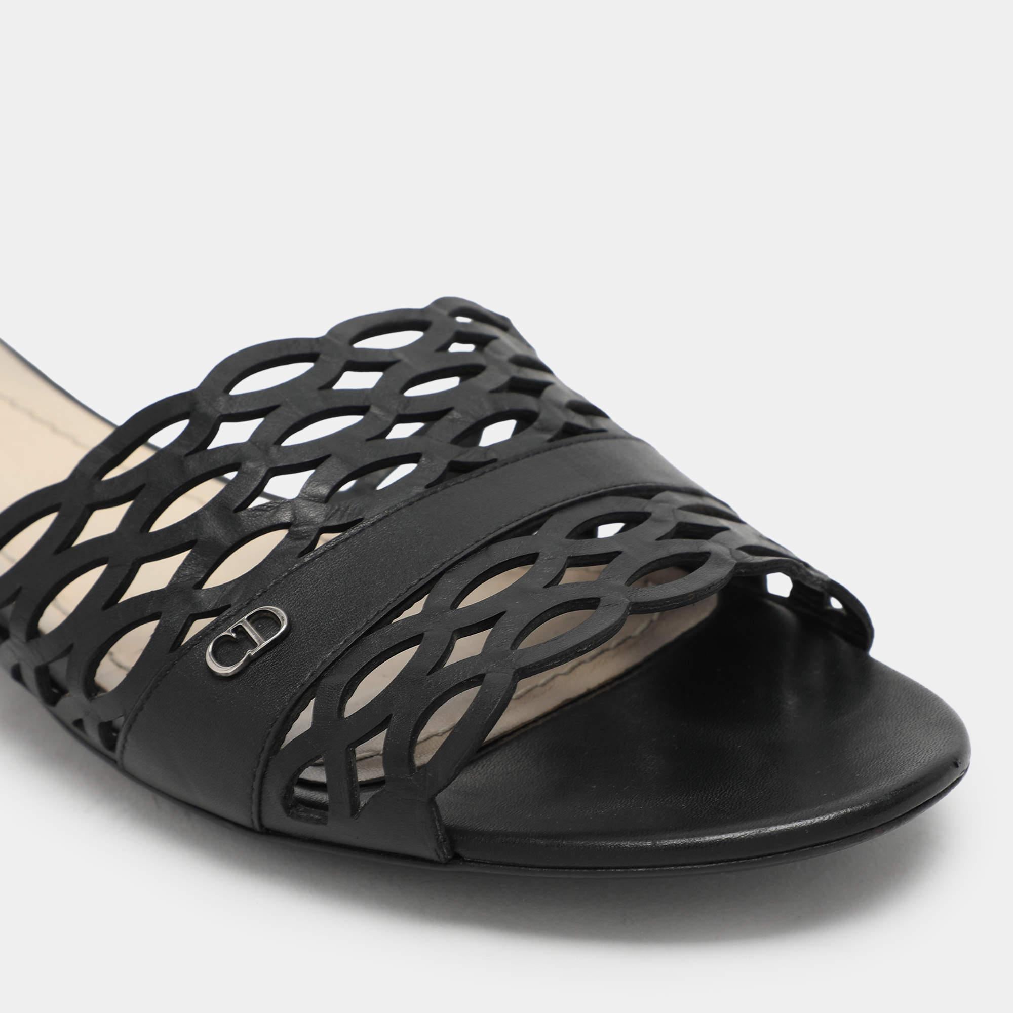 Dior Black Laser Cut Leather Flat Slides Size 39 3