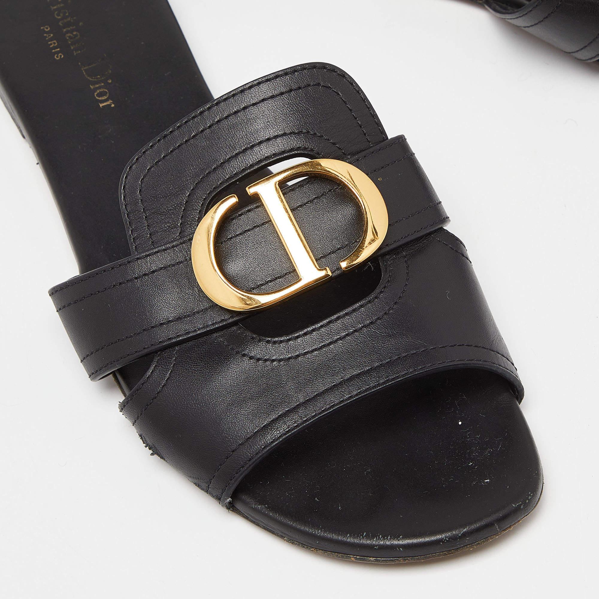 Women's Dior Black Leather 30 Montaigne Flat Slide Sandals Size 39.5