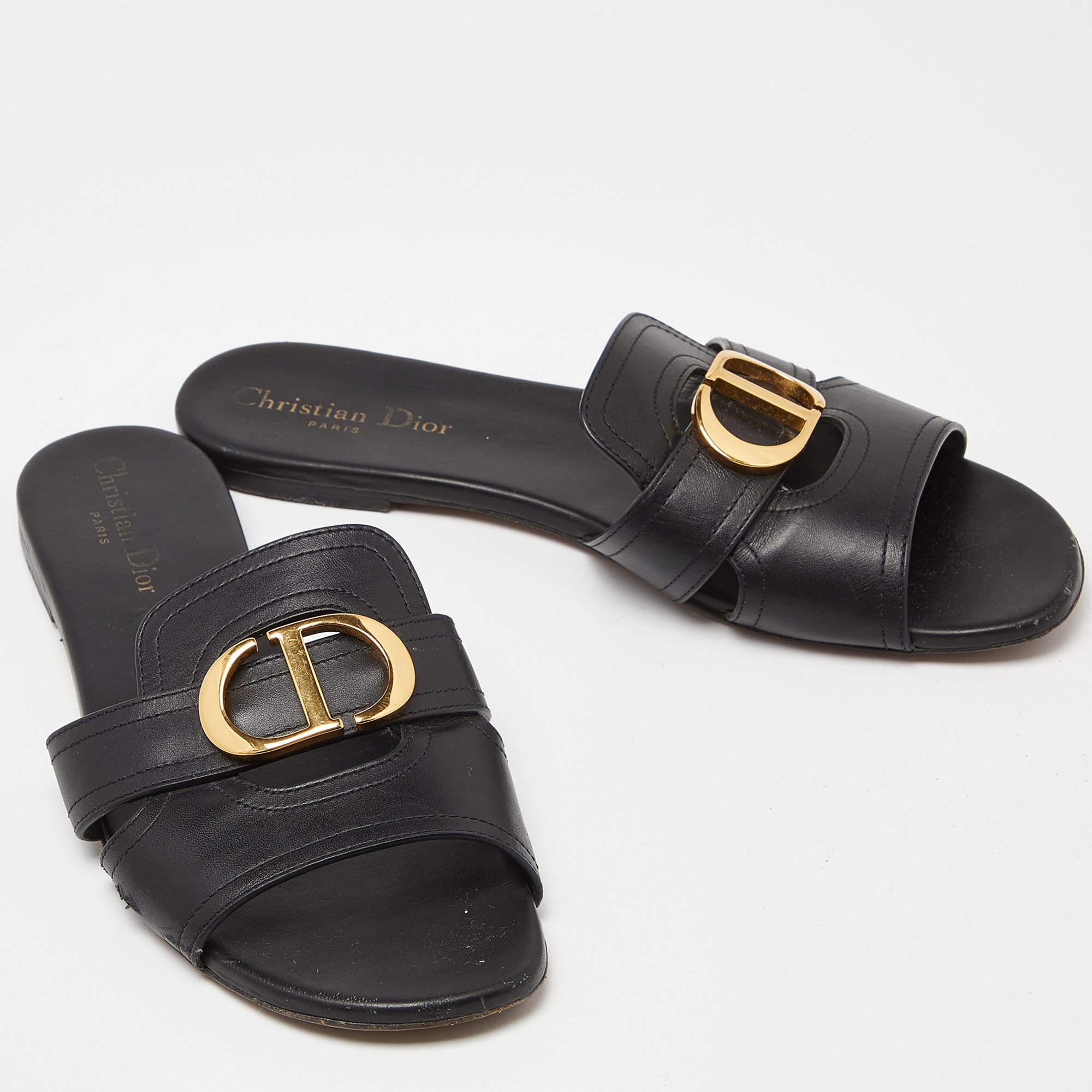 Dior Black Leather 30 Montaigne Flat Slide Sandals Size 39.5 1