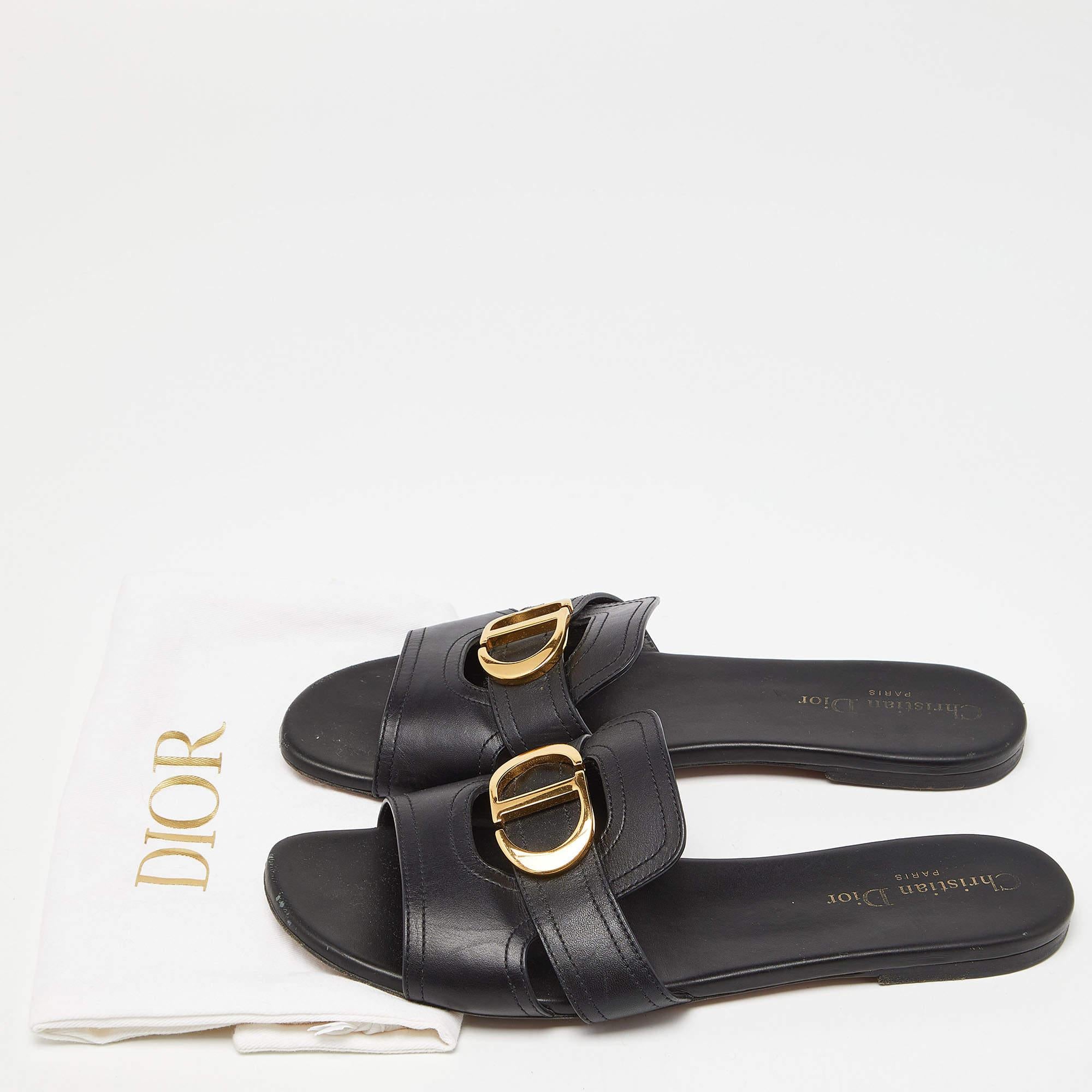 Dior Black Leather 30 Montaigne Flat Slide Sandals Size 39.5 5