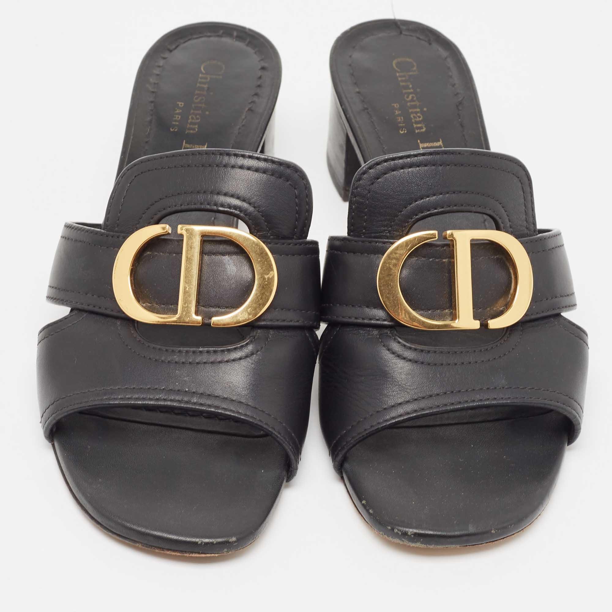 Women's Dior Black Leather 30 Montaigne Slide Sandals Size 36.5