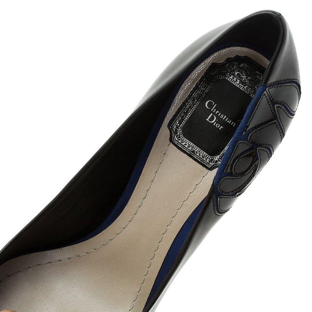 Dior Black Leather and Blue Suede Rose Detail Peep Toe Platform Pumps Size 37.5 6
