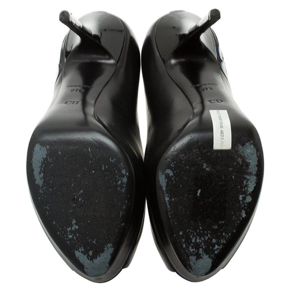 Women's Dior Black Leather and Blue Suede Rose Detail Peep Toe Platform Pumps Size 37.5