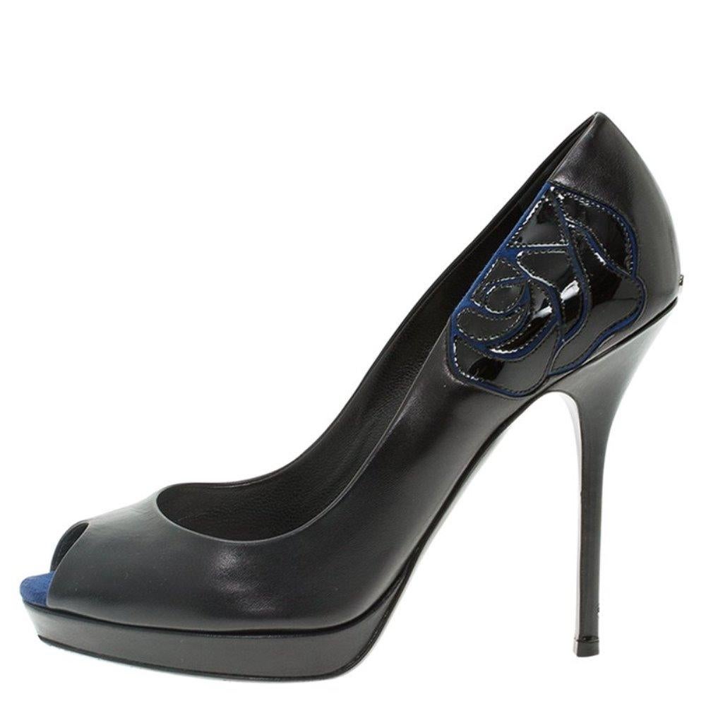 Dior Black Leather and Blue Suede Rose Detail Peep Toe Platform Pumps Size 37.5 1