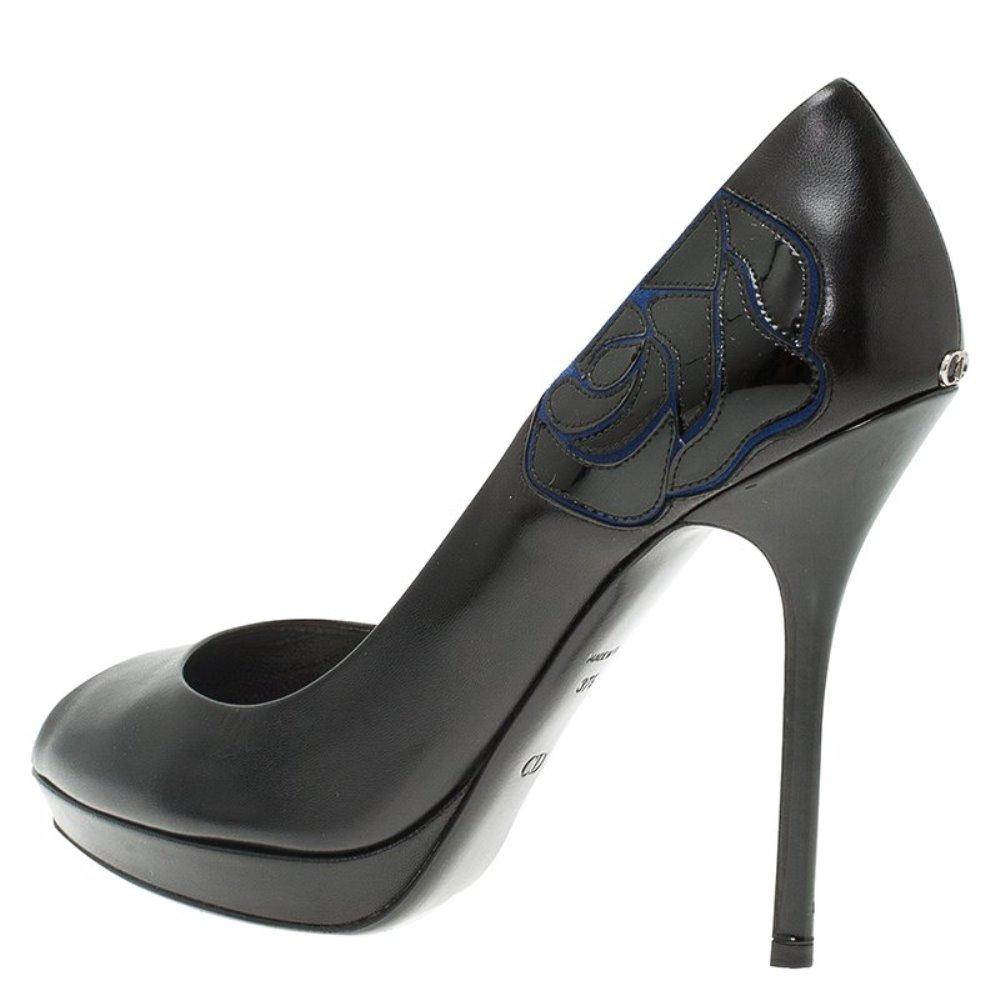 Dior Black Leather and Blue Suede Rose Detail Peep Toe Platform Pumps Size 37.5 2
