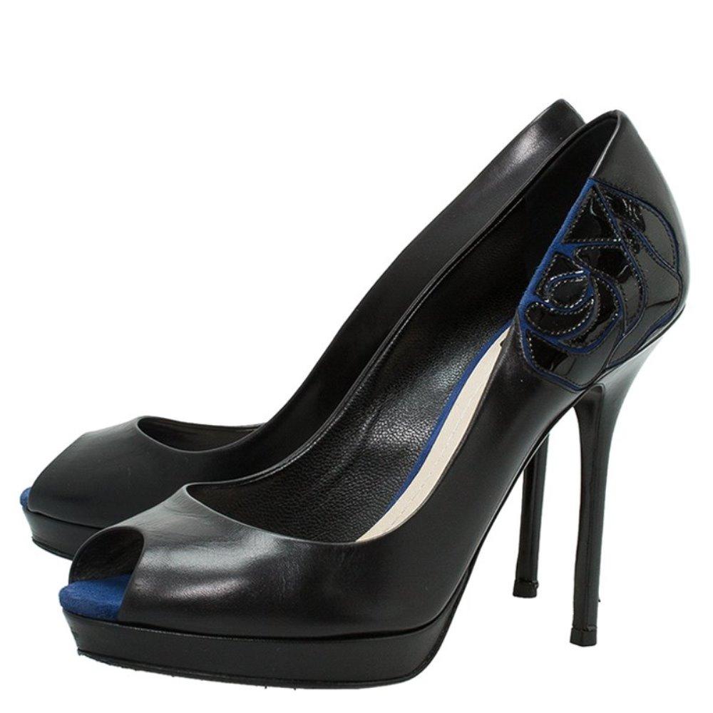 Dior Black Leather and Blue Suede Rose Detail Peep Toe Platform Pumps Size 37.5 3