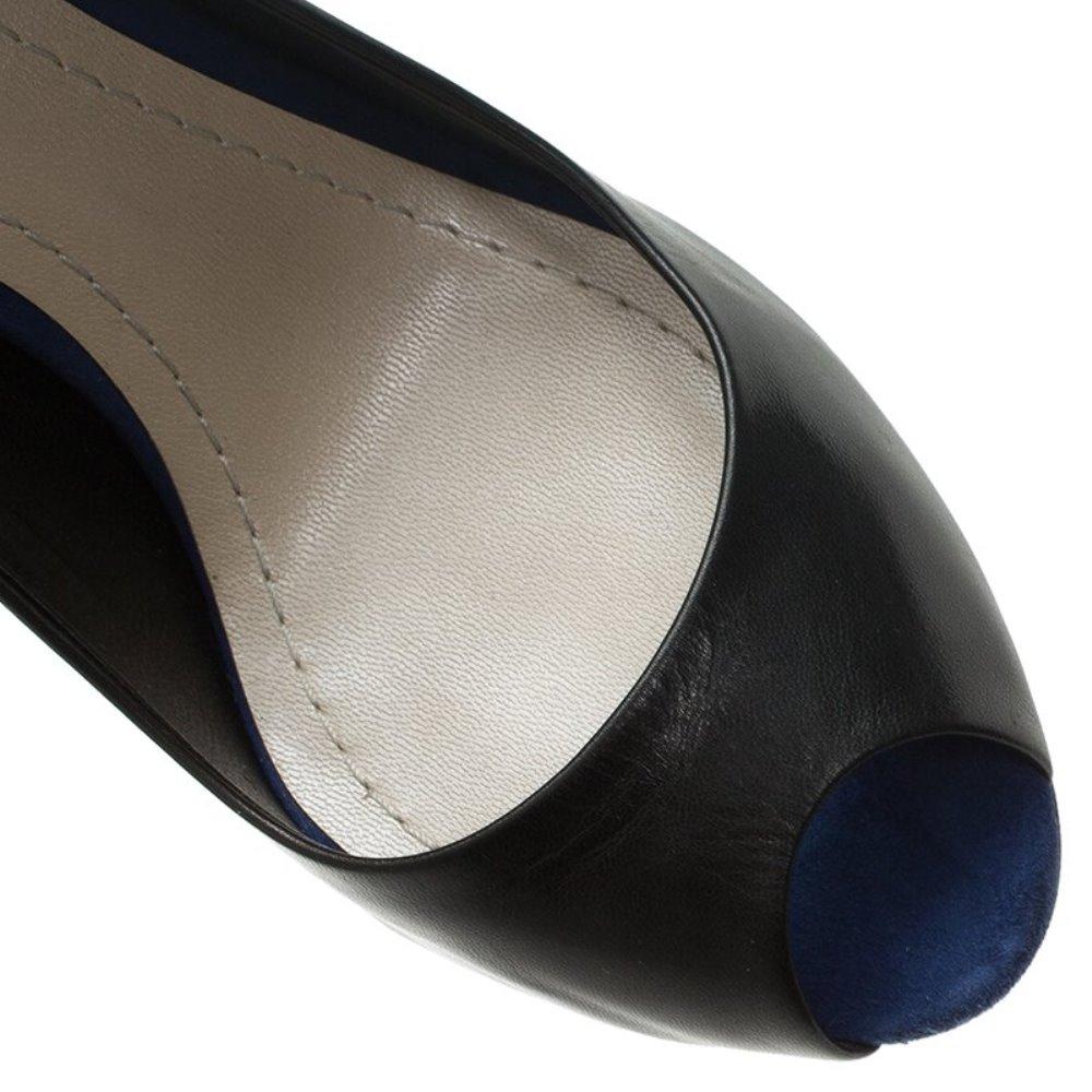 Dior Black Leather and Blue Suede Rose Detail Peep Toe Platform Pumps Size 37.5 4