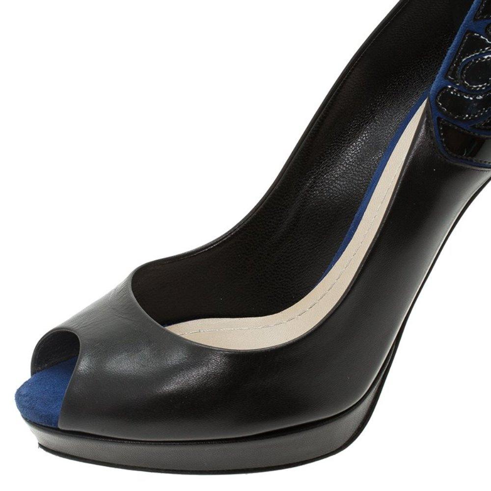 Dior Black Leather and Blue Suede Rose Detail Peep Toe Platform Pumps Size 37.5 5
