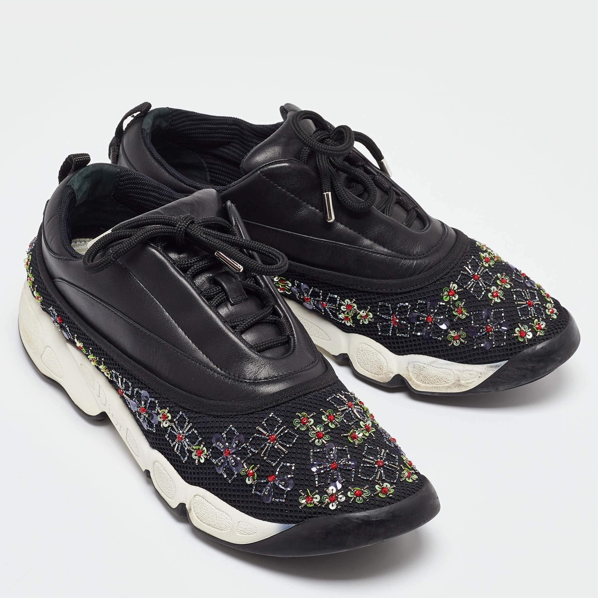 Women's Dior Black Leather and Mesh Beads Embellished Low Top Sneakers Size 42 For Sale